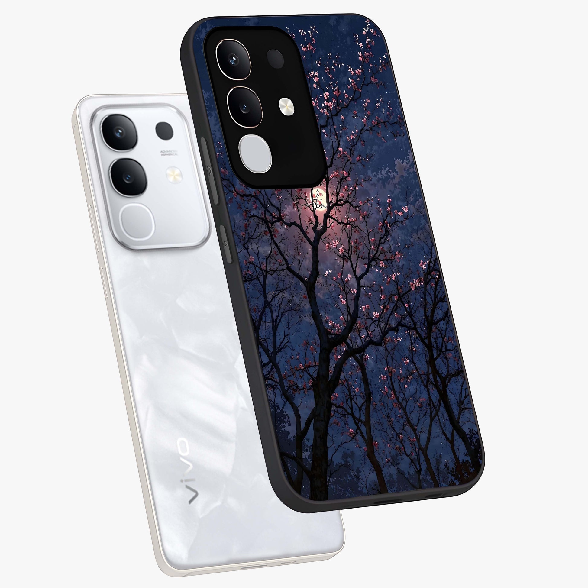 Twilight Sakura Serenade Glass Case displayed in angled mockup highlighting delicate sakura flower design with dreamy aesthetic.