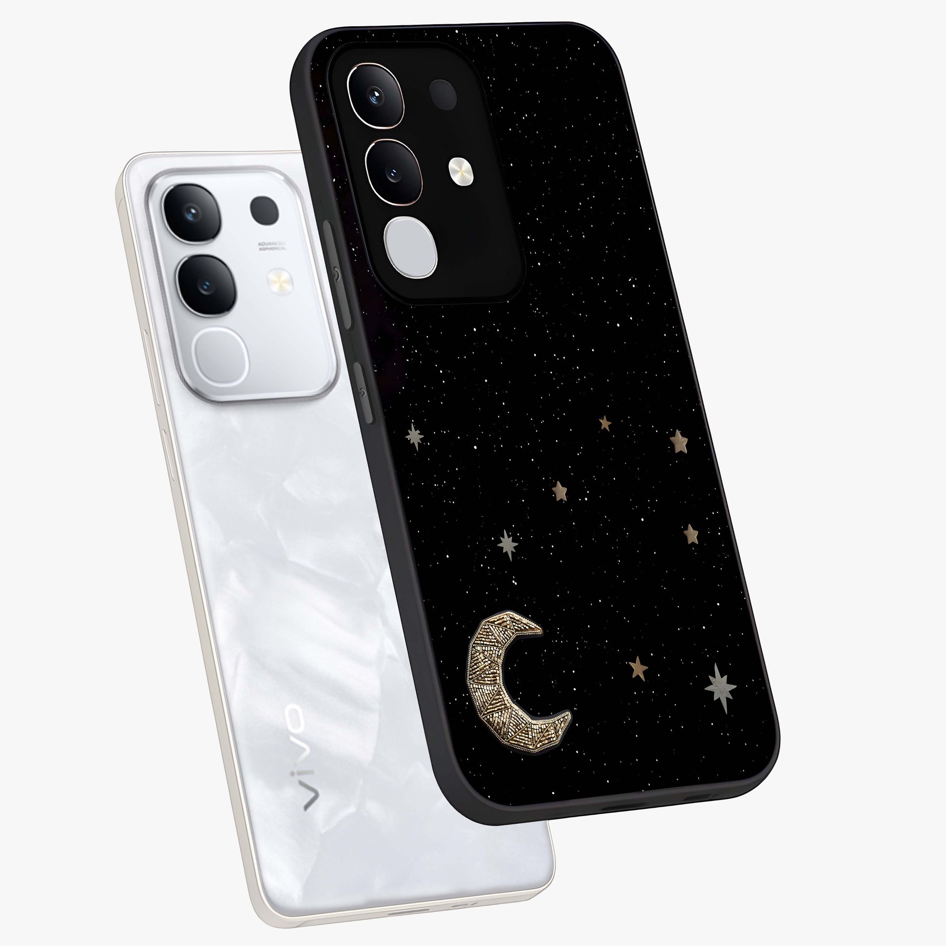 Twinkle Star With Half Moon Glass Case displayed in angled mockup highlighting celestial moon and star design with magical aesthetic.
