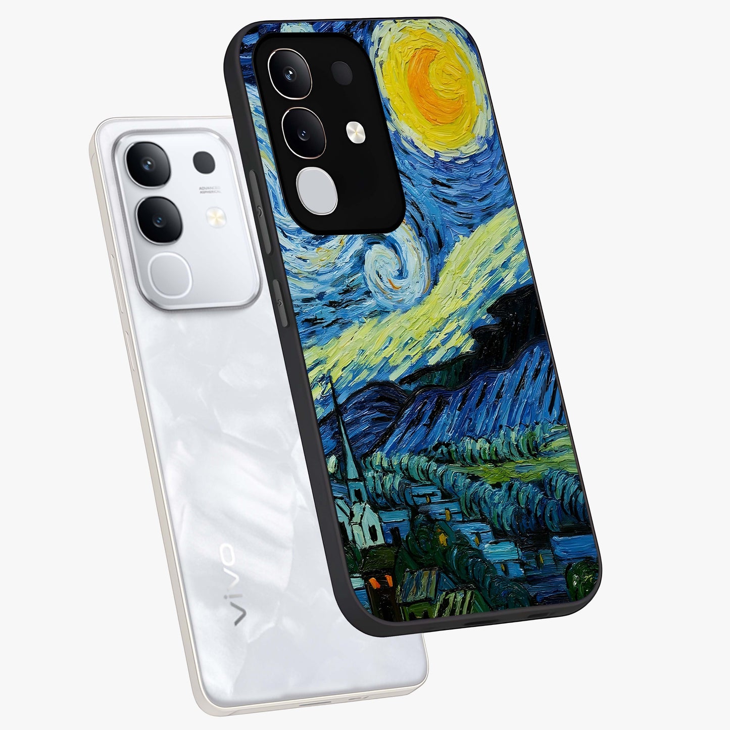 Van Gogh Art Glass Case displayed in angled mockup highlighting swirling brushstroke design with artistic aesthetic.
