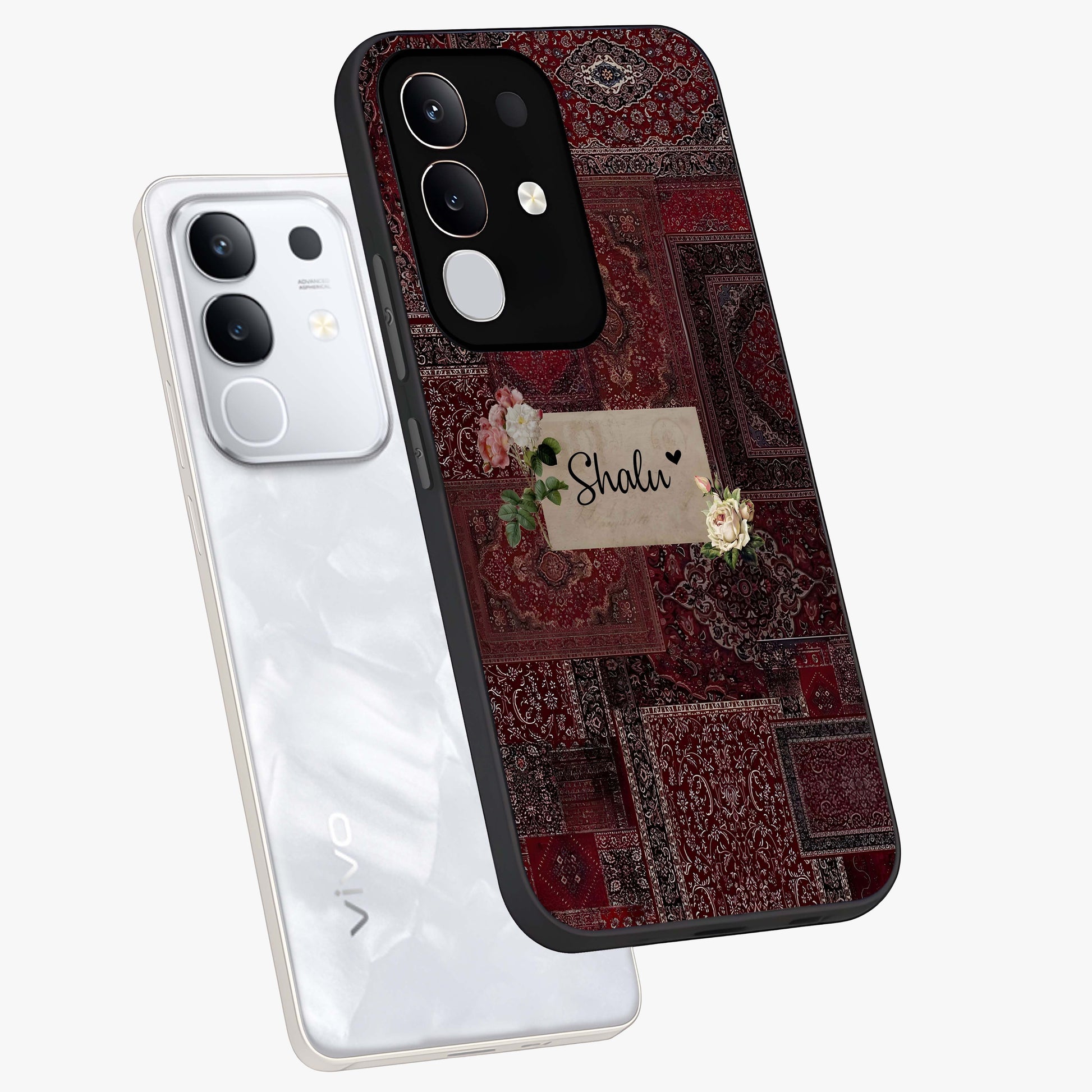 Velvet Wine Pattern Custom Name Glass Case displayed in angled mockup highlighting decorative velvet inspired design with custom name feature.