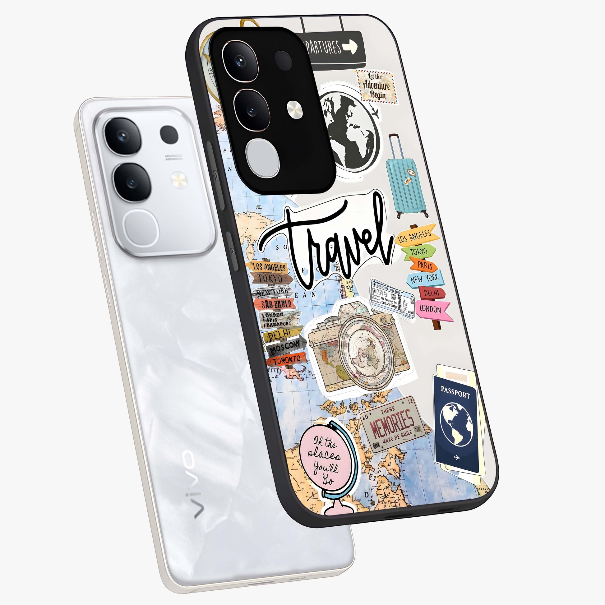 Wanderlust Journal Glass Case displayed in angled mockup highlighting adventure themed design with aesthetic travel vibe.