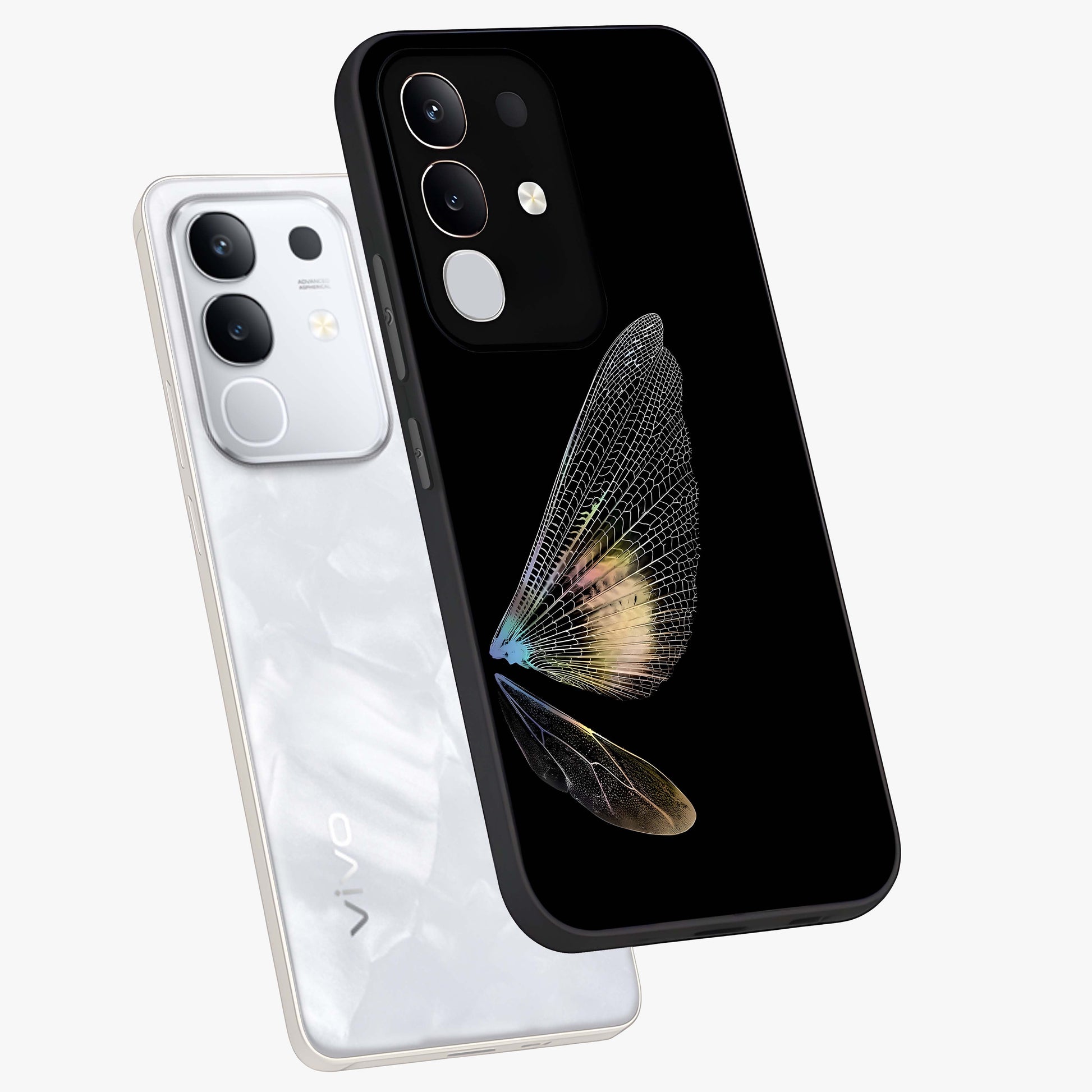 Whispers Of Wings Glass Case displayed in angled mockup highlighting soft feather design with celestial aesthetic style.