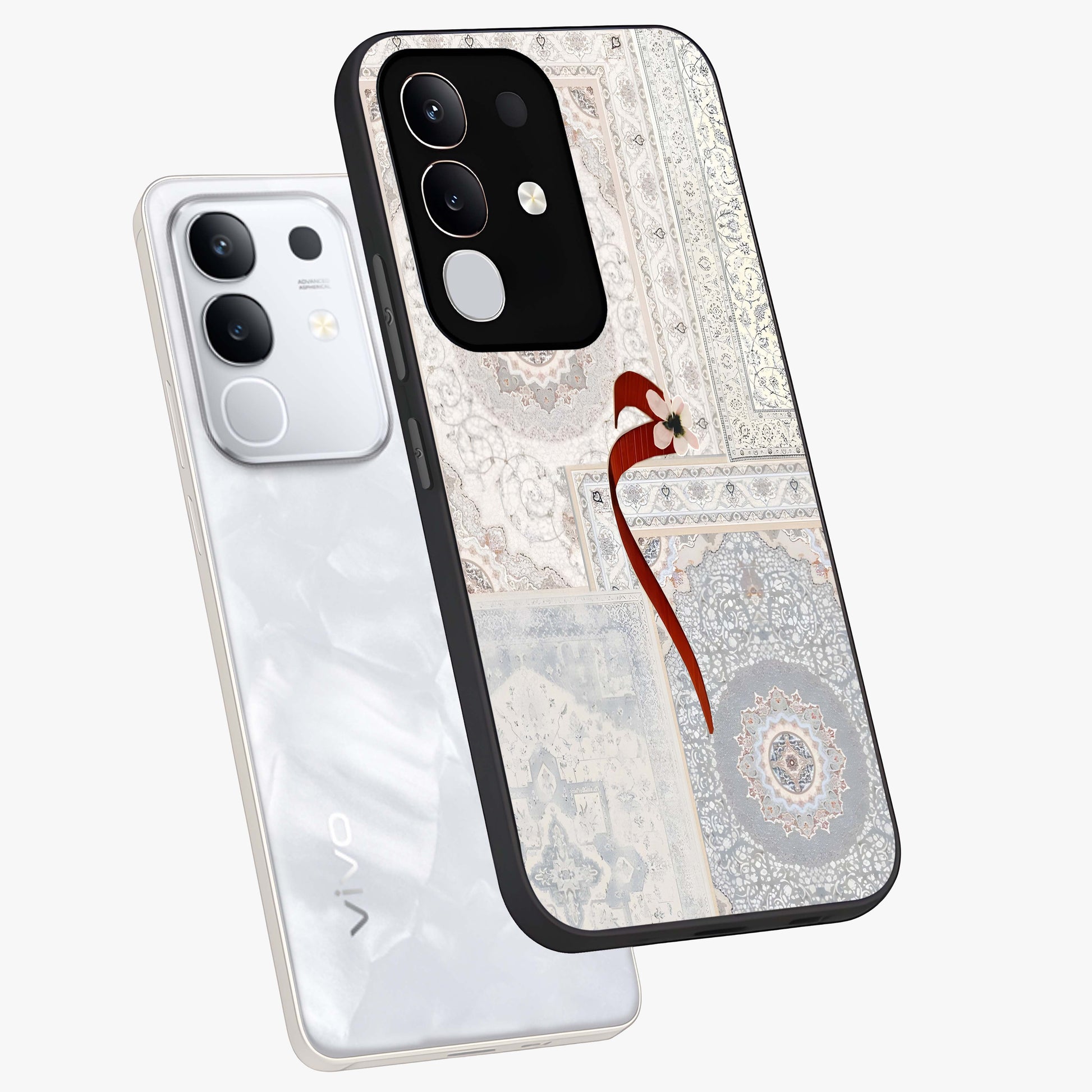 White Aesthetic Bow Glass Case displayed in angled mockup highlighting clean bow design with soft aesthetic style.