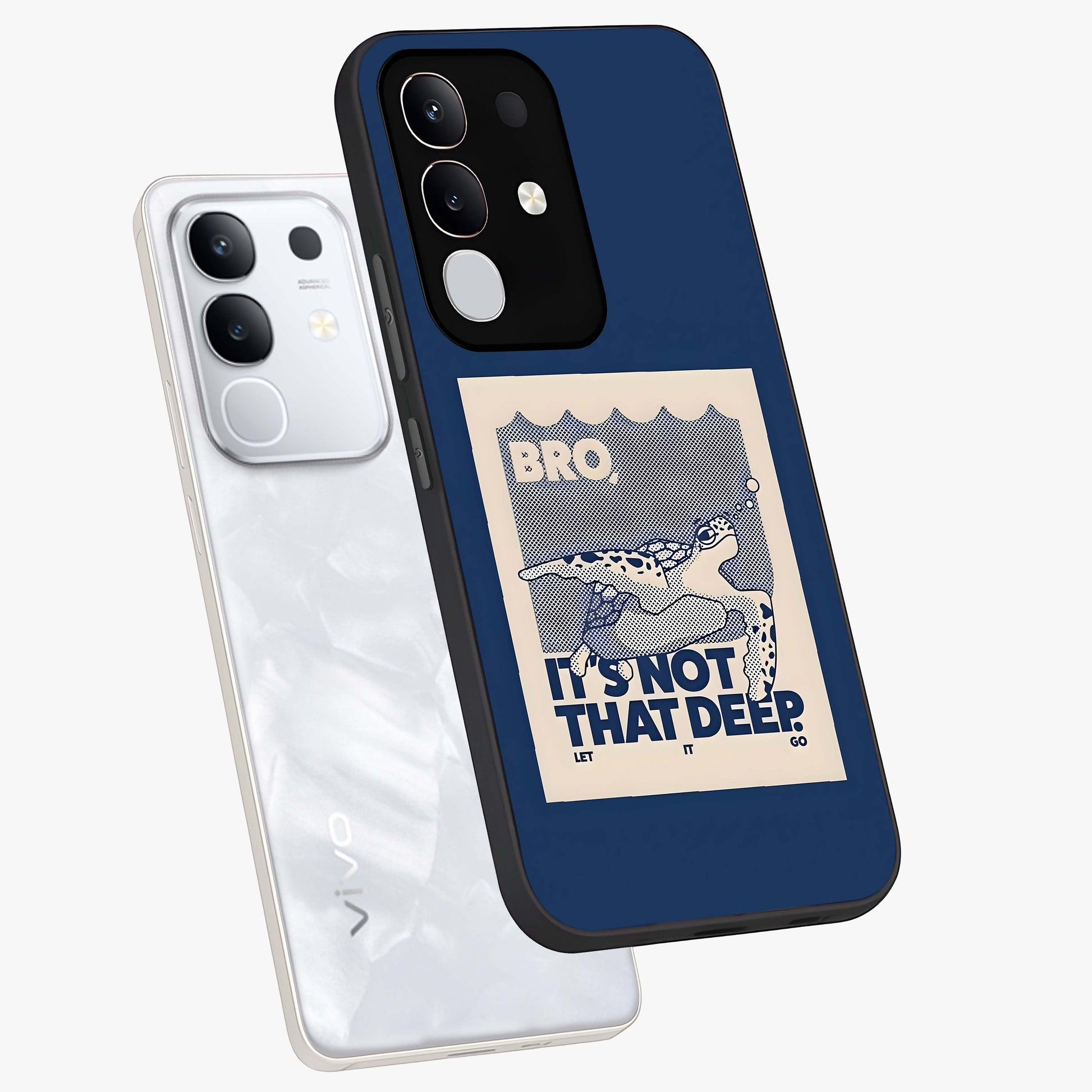 Worry Less Swim Glass Case displayed in angled mockup highlighting fun typography design with relaxed aesthetic style.