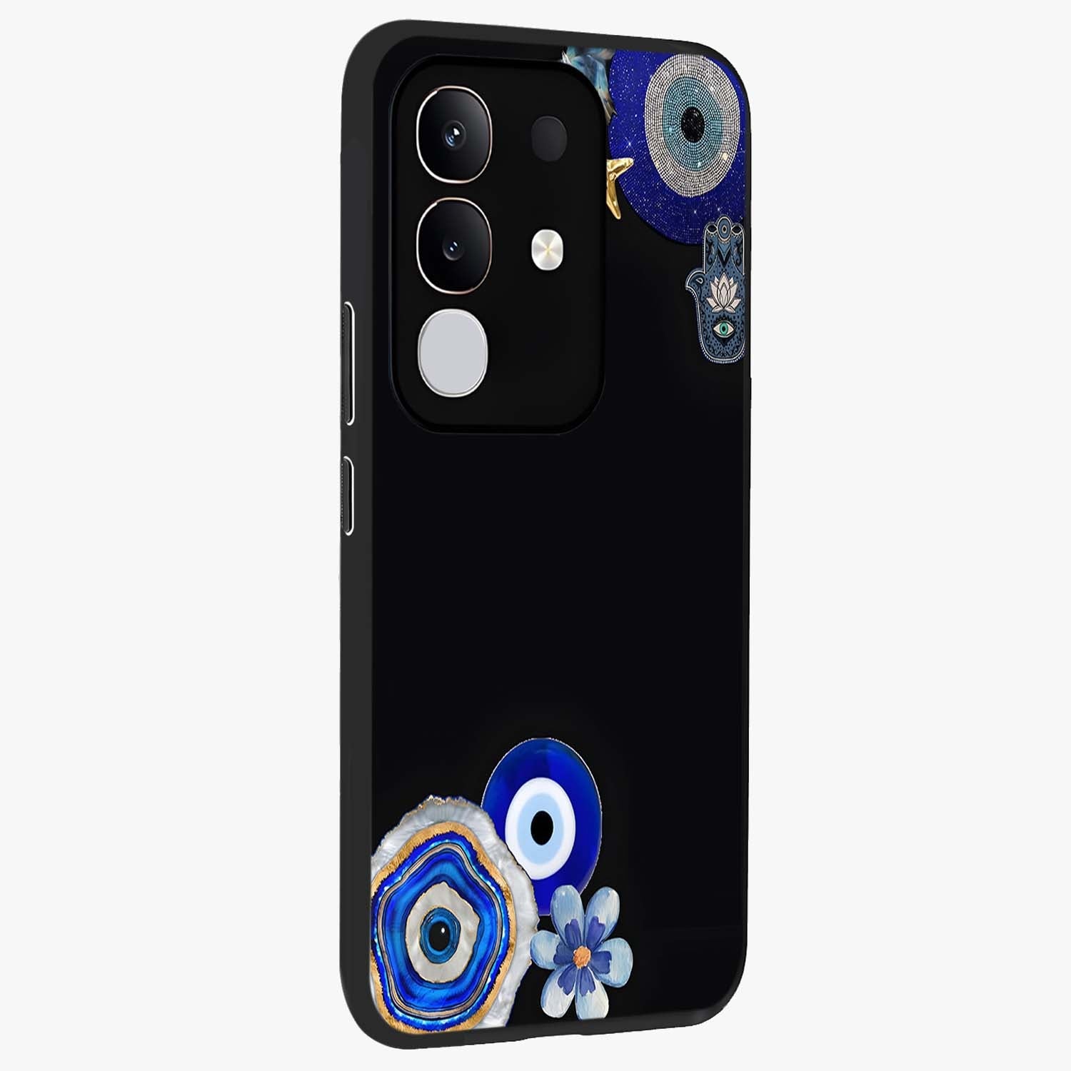 Aesthetic Blue Evil Eye Glass Case upright view showcasing mystical evil eye graphic with minimal aesthetic style.