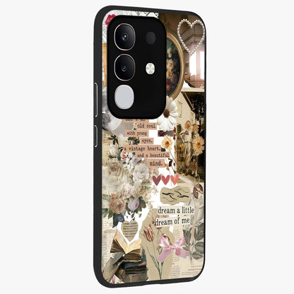 Aesthetic Brown Vintage Collage Glass Case upright view showcasing nostalgic retro artwork with stylish vintage theme.