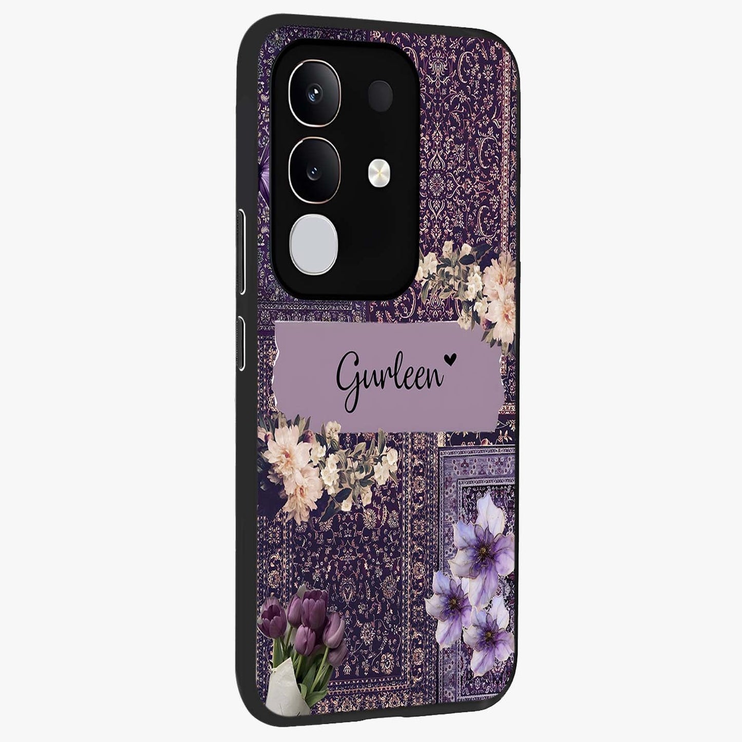 Antique Floral Whisper Custom Name Glass Case upright view showcasing delicate floral artwork with custom name feature.