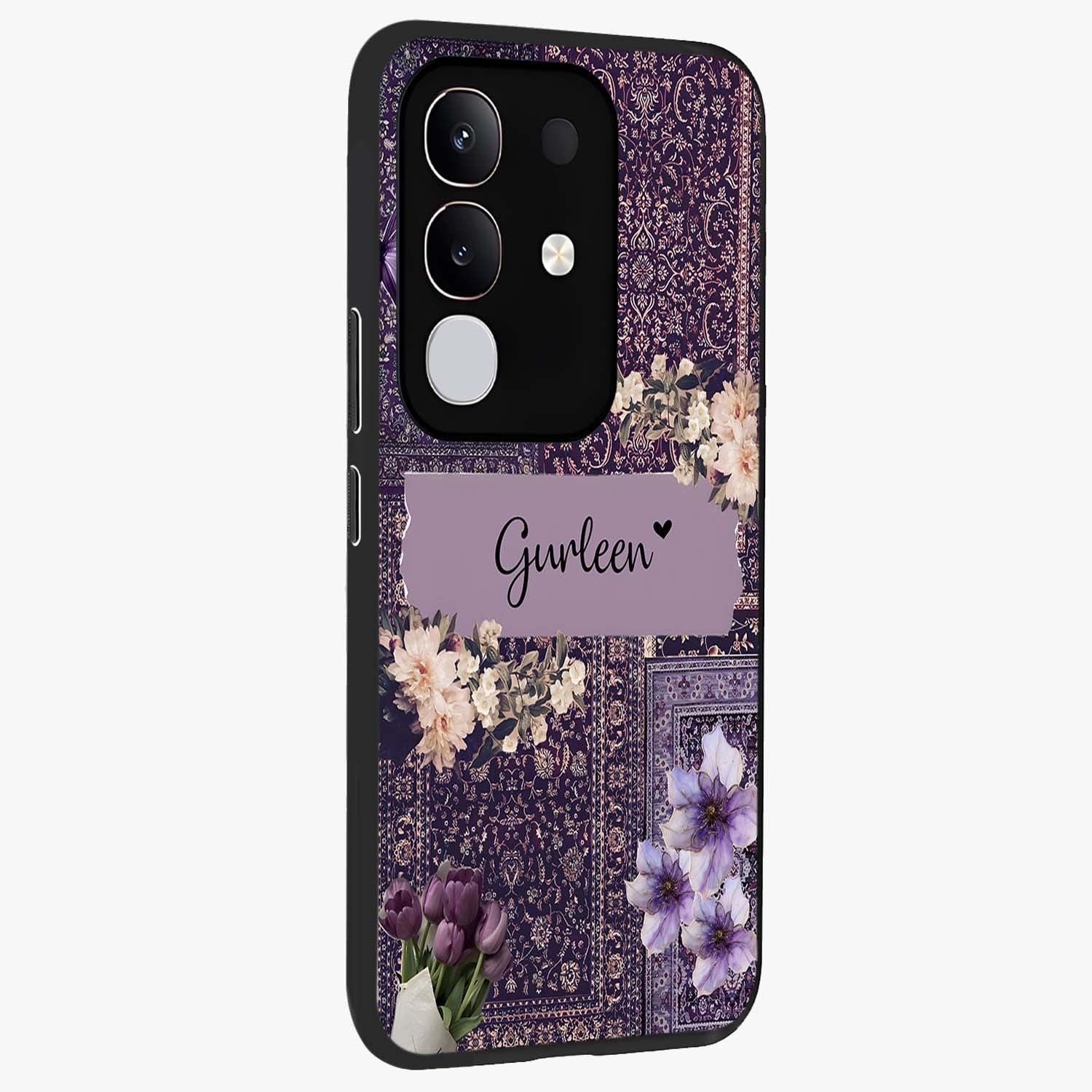 Antique Floral Whisper Custom Name Glass Case upright view showcasing delicate floral artwork with custom name feature.
