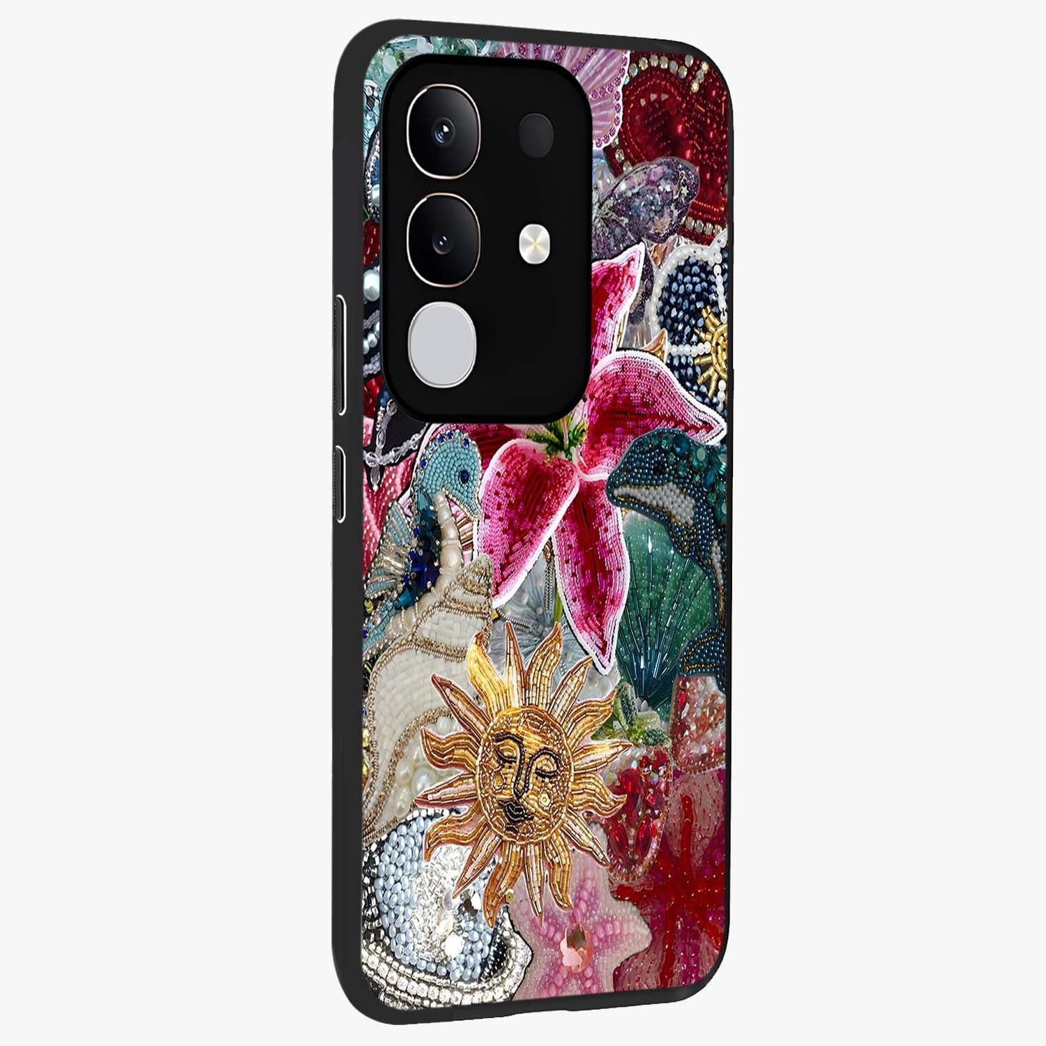 Beaded Garden Fantasy Glass Case upright view showcasing whimsical garden aesthetic with artistic bead details.