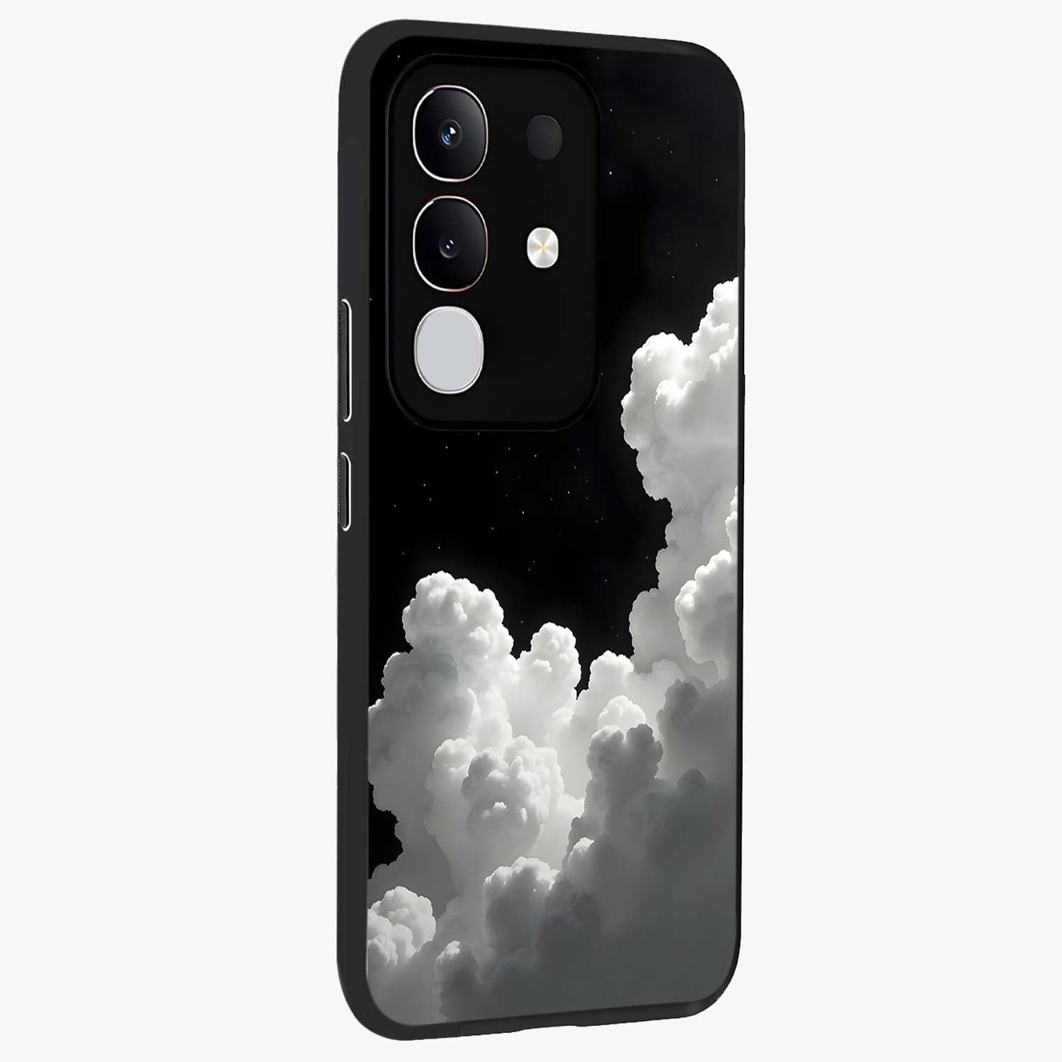 Black Background With White Cloud Glass Case upright view showcasing calm cloud aesthetic with modern minimal style.