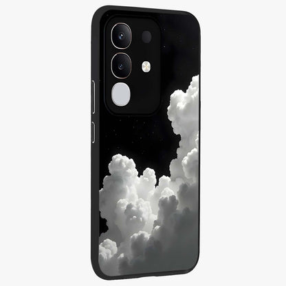 Black Background With White Cloud Glass Case upright view showcasing calm cloud aesthetic with modern minimal style.