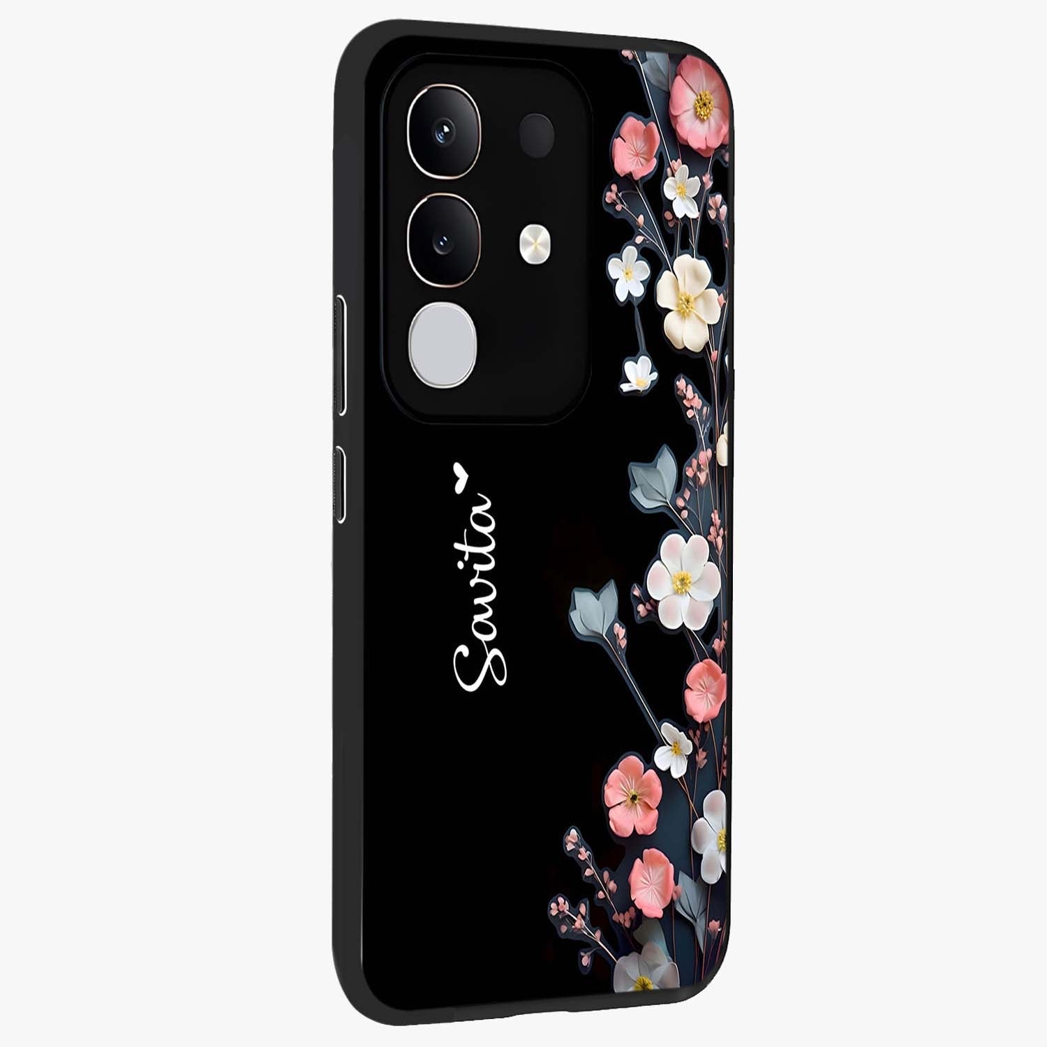 Black Elegance Floral Custom Name Glass Case upright view showcasing luxurious black floral design with personalized name detail.