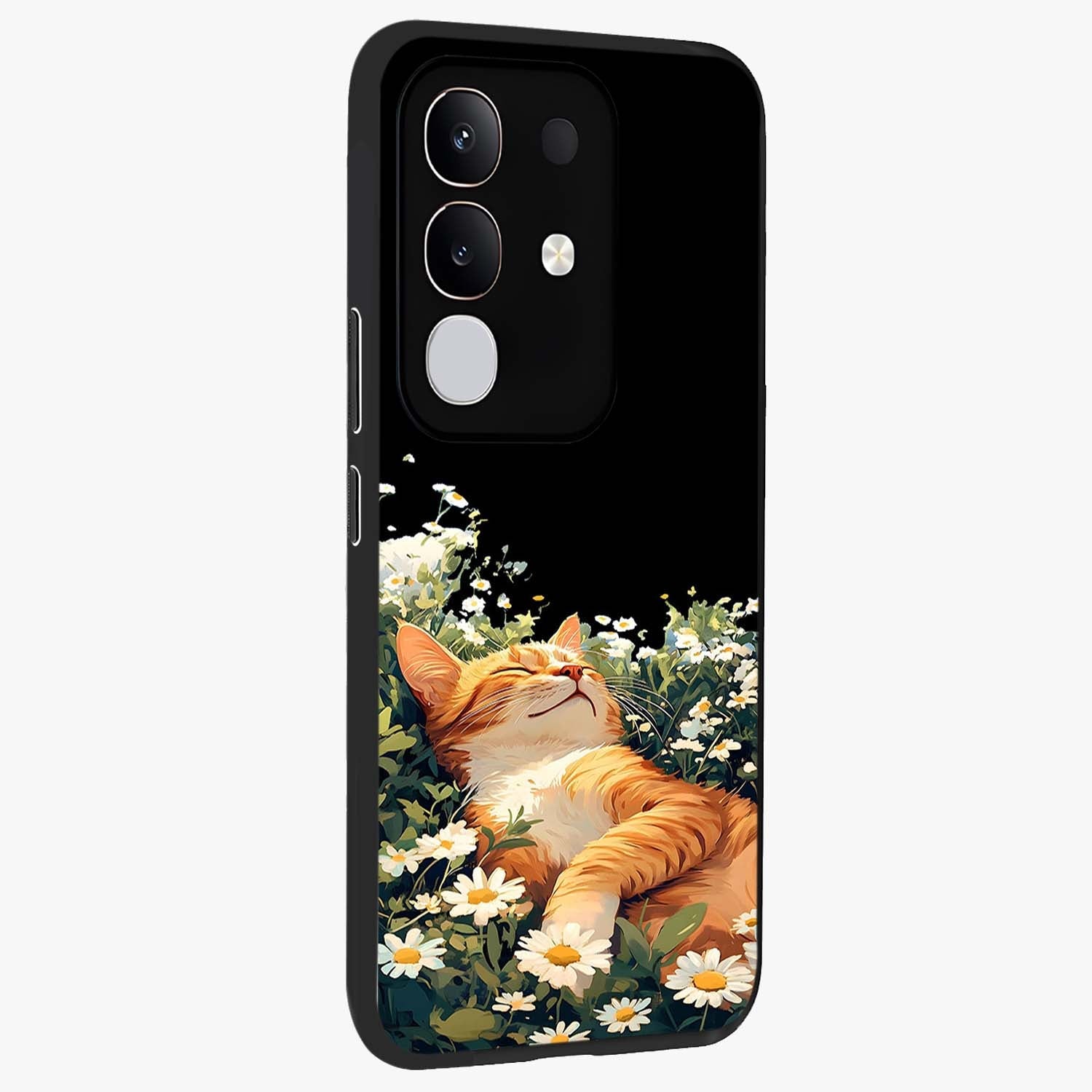 Blissful Bloom Cat Glass Case upright view showcasing charming cat design surrounded by blooming floral elements.