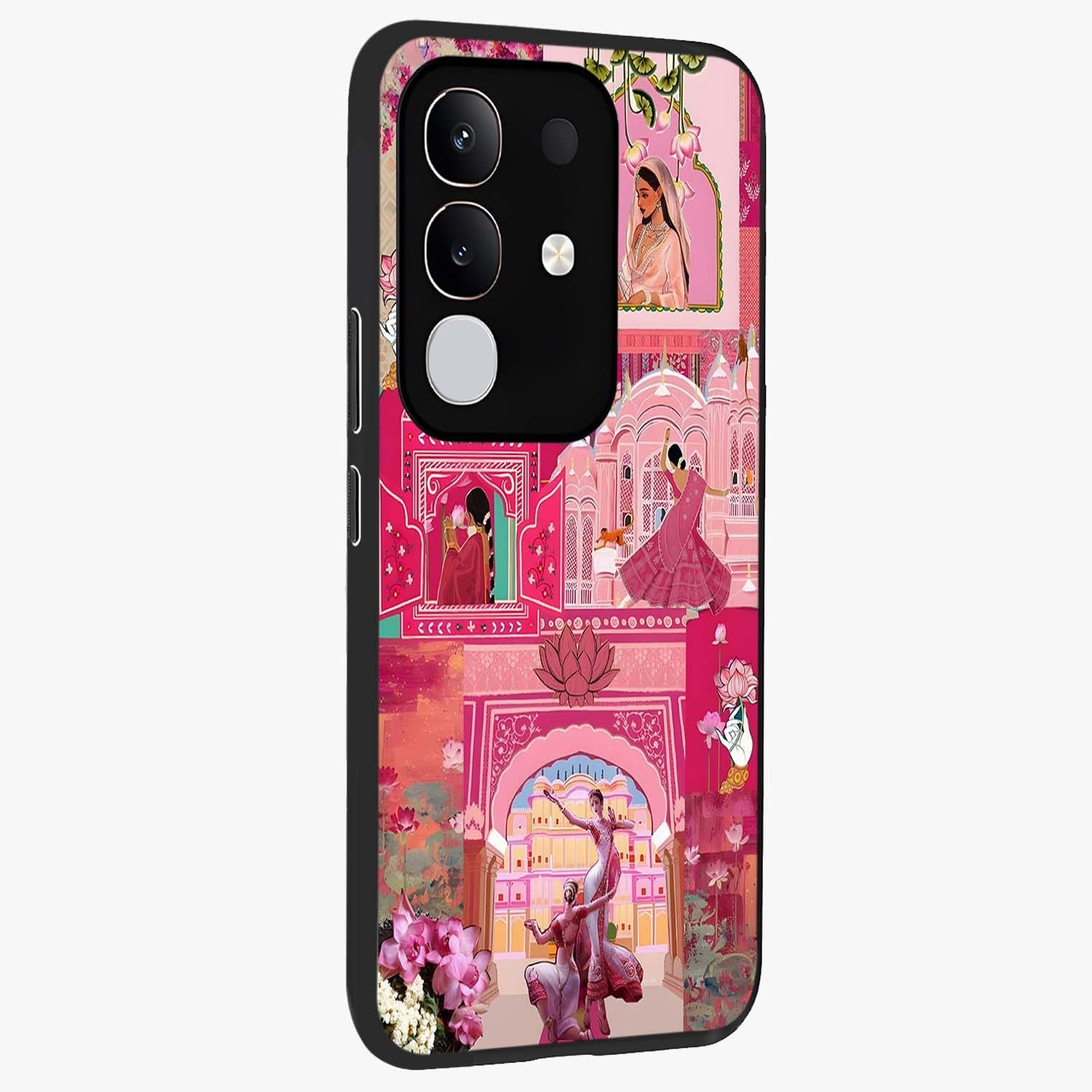 Blossoms of Rajasthan Glass Case upright view showcasing colorful floral design inspired by traditional Indian art.