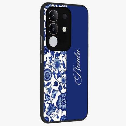 Blue Vintage Floral Pattern Glass Case upright view showcasing delicate blush floral texture with modern minimal style.