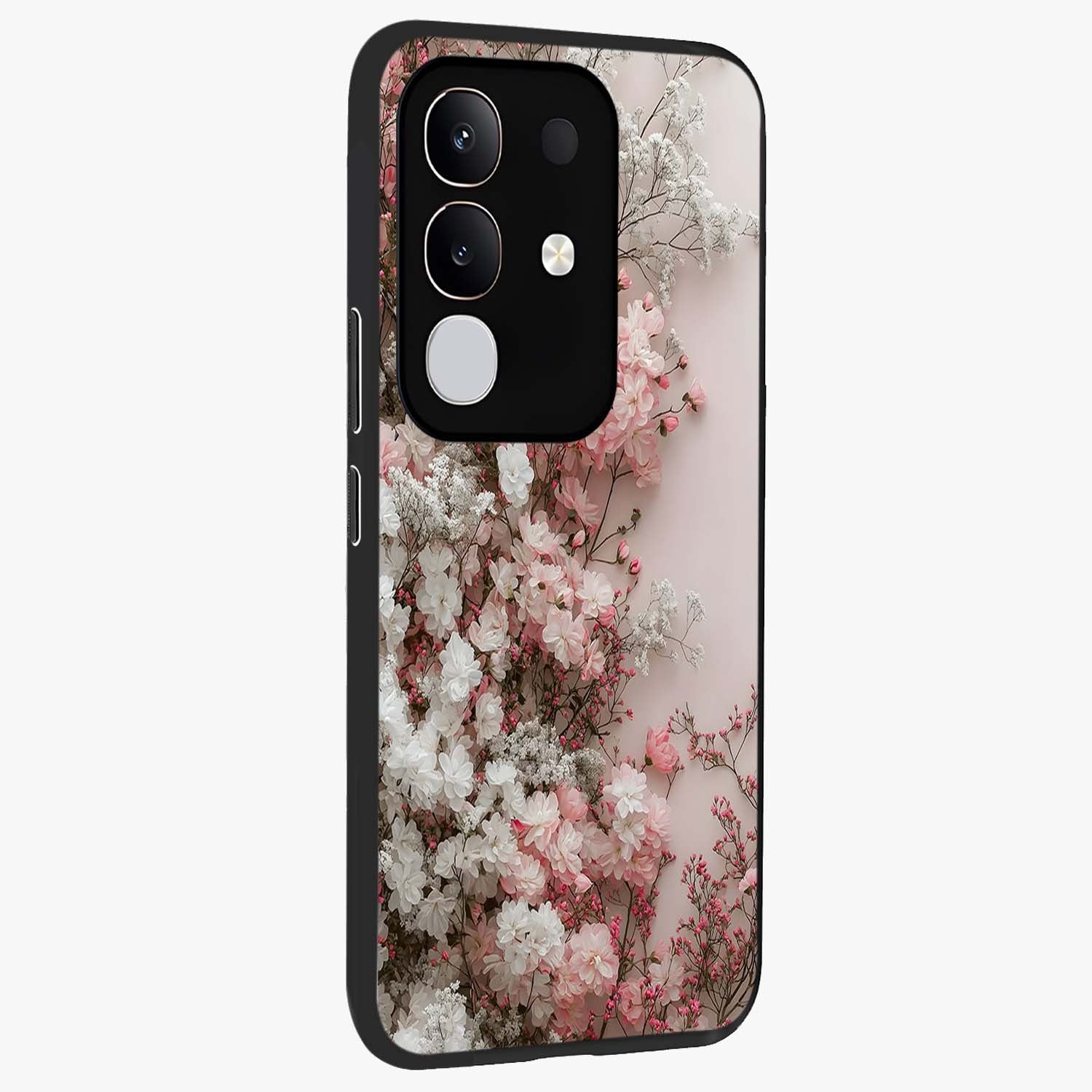 Blush Blossom Cloud Glass Case upright view showcasing calm floral cloud artwork with gentle dreamy theme.