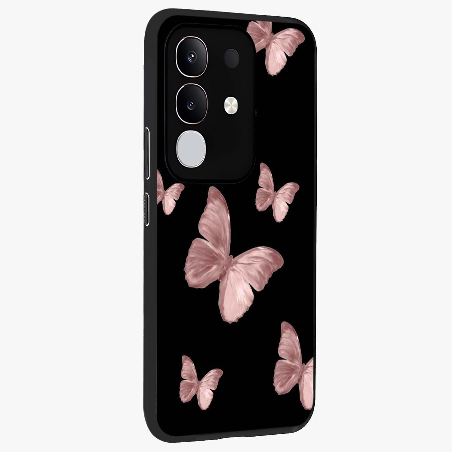 Butterfly Pattern Glass Case upright view showcasing graceful butterfly artwork with soft decorative theme.