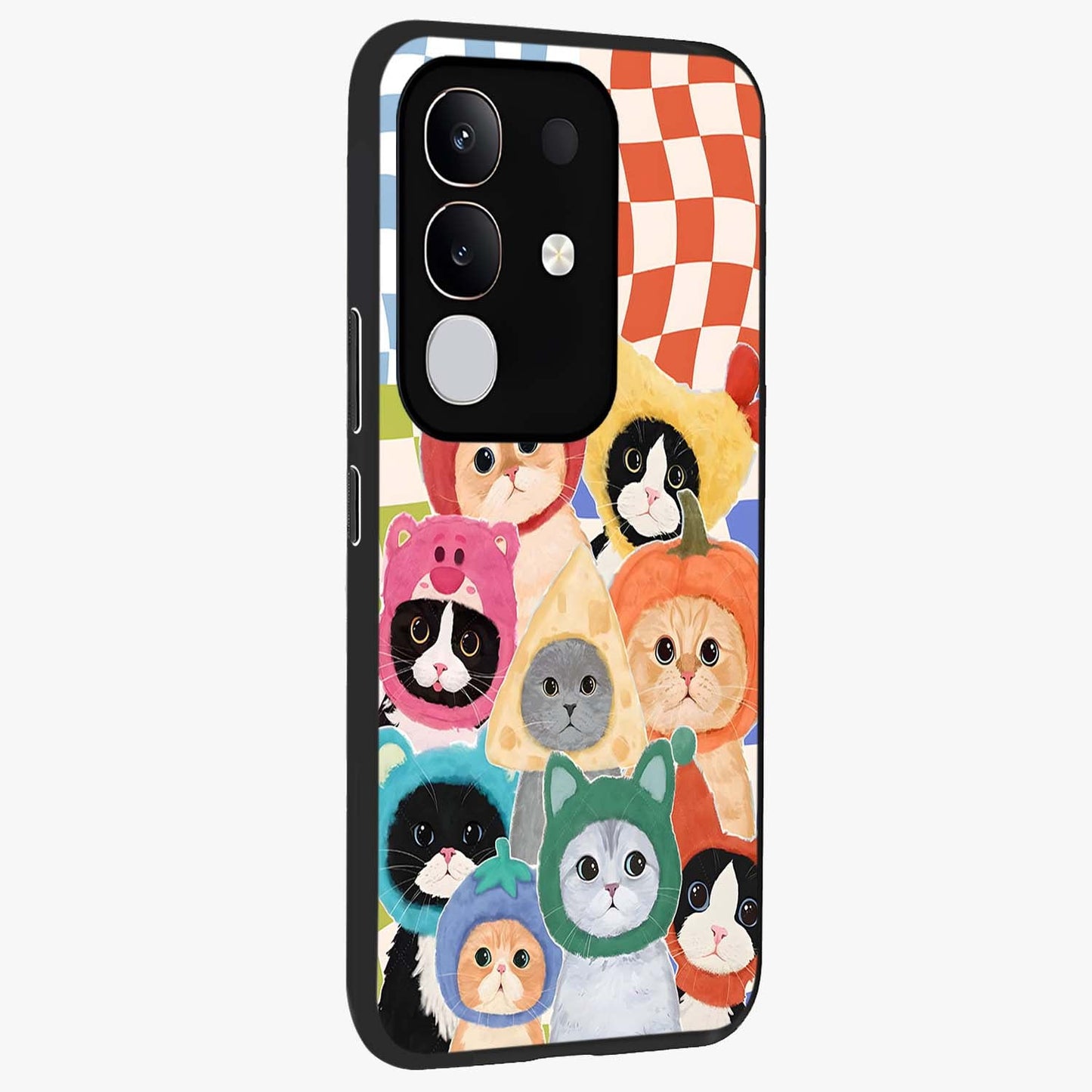 Cats in Fruits Glass Case upright view showcasing charming cat artwork with fun fruity theme.