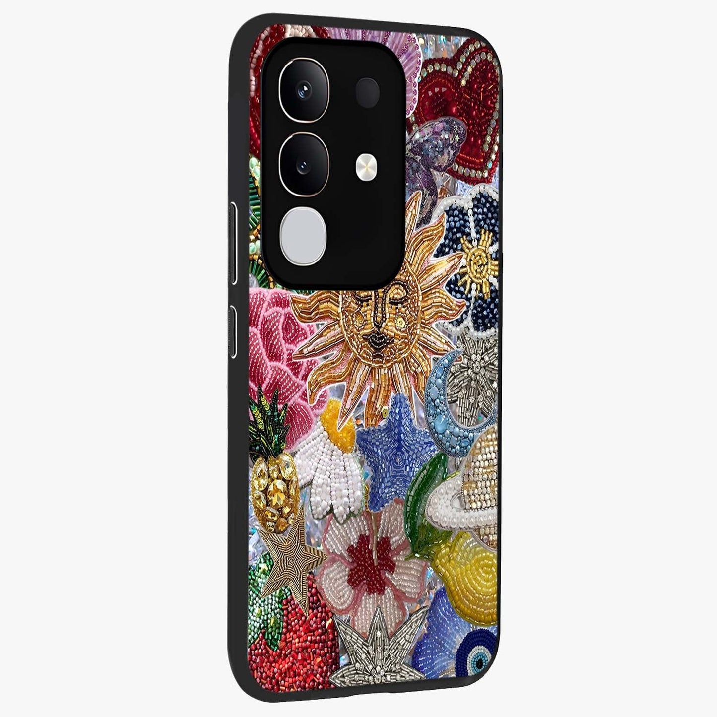 Celestial Floral and Playful Glass Case upright view showcasing whimsical floral artwork with cosmic aesthetic theme.