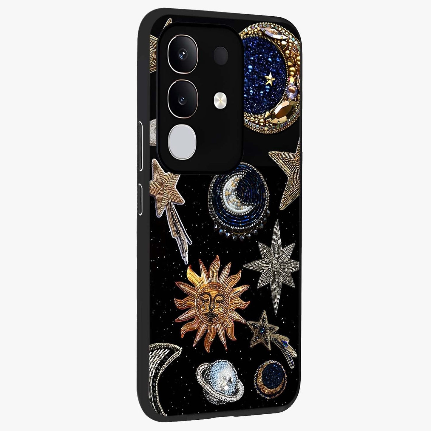 Celestial Gem Constellations Glass Case upright view showcasing cosmic constellation artwork with celestial aesthetic style.