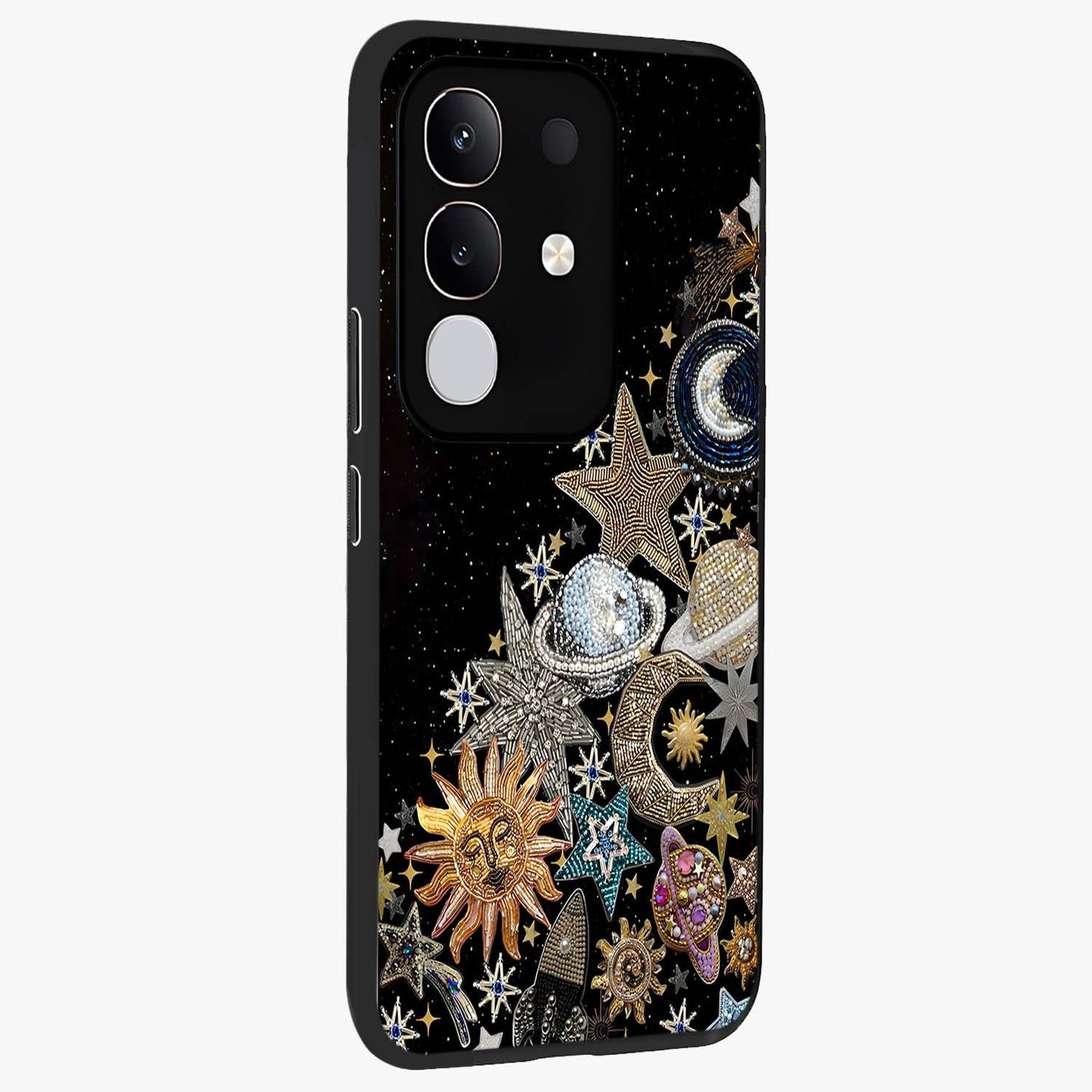 Cosmic Sparkle Dreams Glass Case upright view showcasing glowing cosmic artwork with magical galaxy theme.