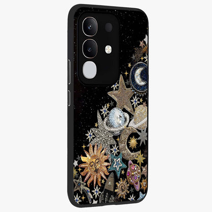 Cosmic Sparkle Dreams Glass Case upright view showcasing glowing cosmic artwork with magical galaxy theme.