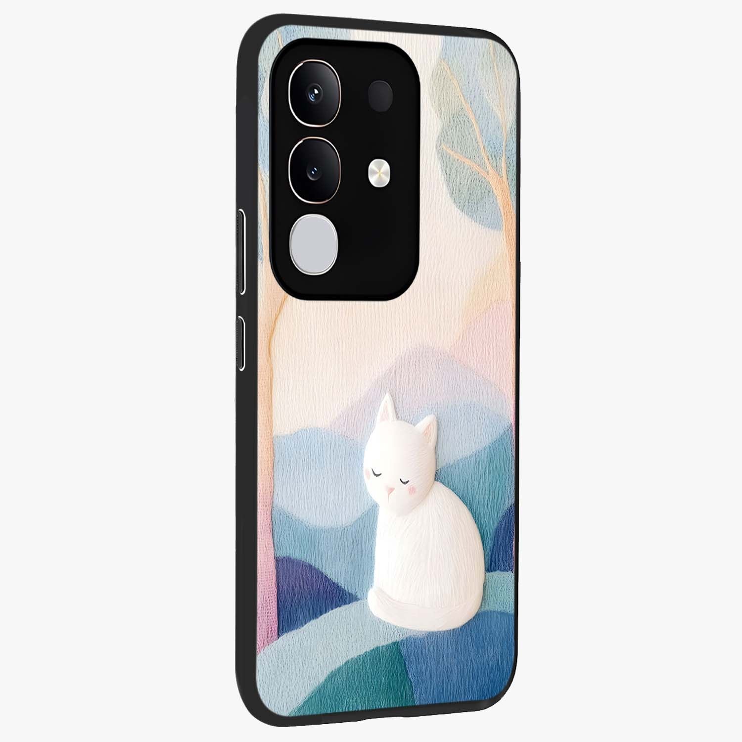 Cotton Dream Cat Glass Case upright view showcasing charming cat artwork with cozy dreamy theme.
