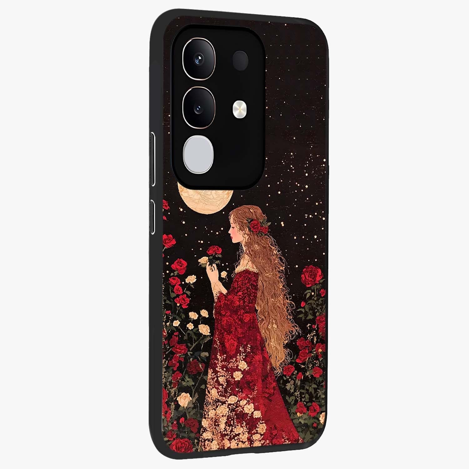 Crimson Dreams Glass Case upright view showcasing dreamy red toned artwork with modern aesthetic style.