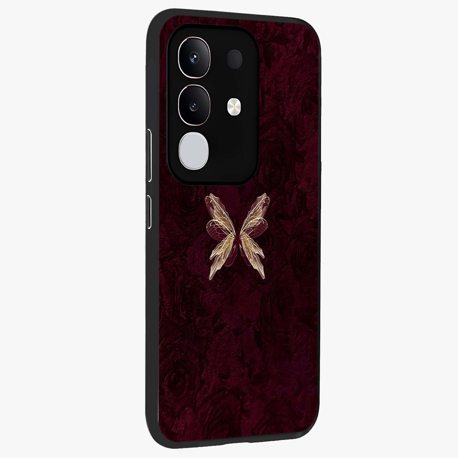 Crimson Fade Butterfly Glass Case upright view showcasing graceful butterfly artwork with soft crimson fade effect.