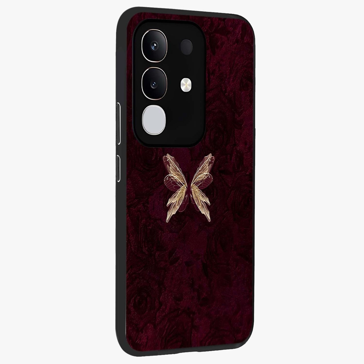 Crimson Fade Butterfly Glass Case upright view showcasing graceful butterfly artwork with soft crimson fade effect.
