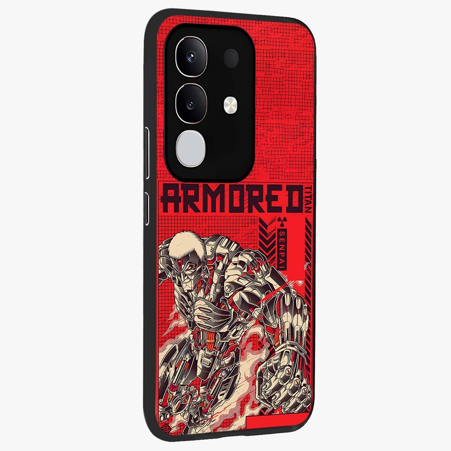 Crimson Mecha Titan Glass Case upright view showcasing dynamic robotic titan design with sci-fi inspired theme.