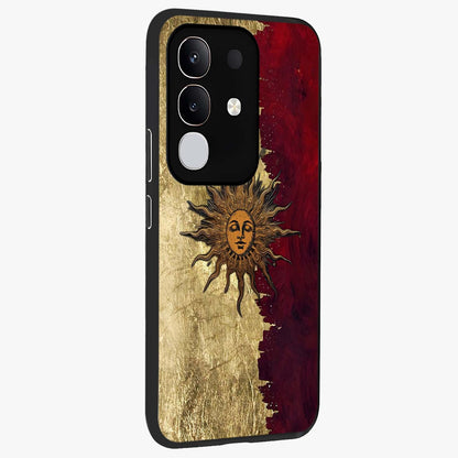 Crimson Sun Majesty Glass Case upright view showcasing vibrant sun artwork with powerful celestial theme.