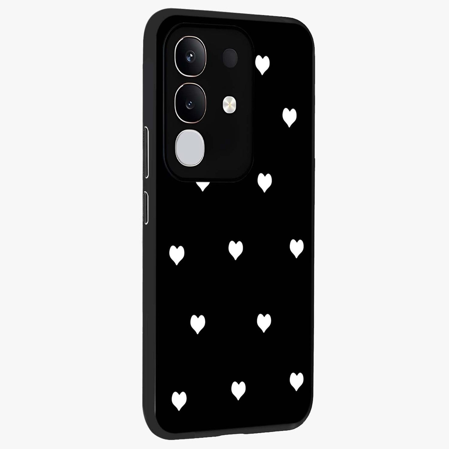 Cute And Simple White Hearts Glass Case upright view showcasing simple white hearts artwork with soft minimal theme.
