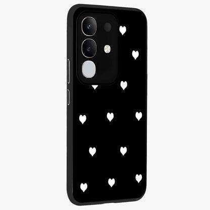 Cute And Simple White Hearts Glass Case upright view showcasing simple white hearts artwork with soft minimal theme.