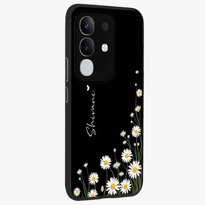Daisy Cascade Custom Name Glass Case upright view showcasing elegant floral cascade design with personalized aesthetic.