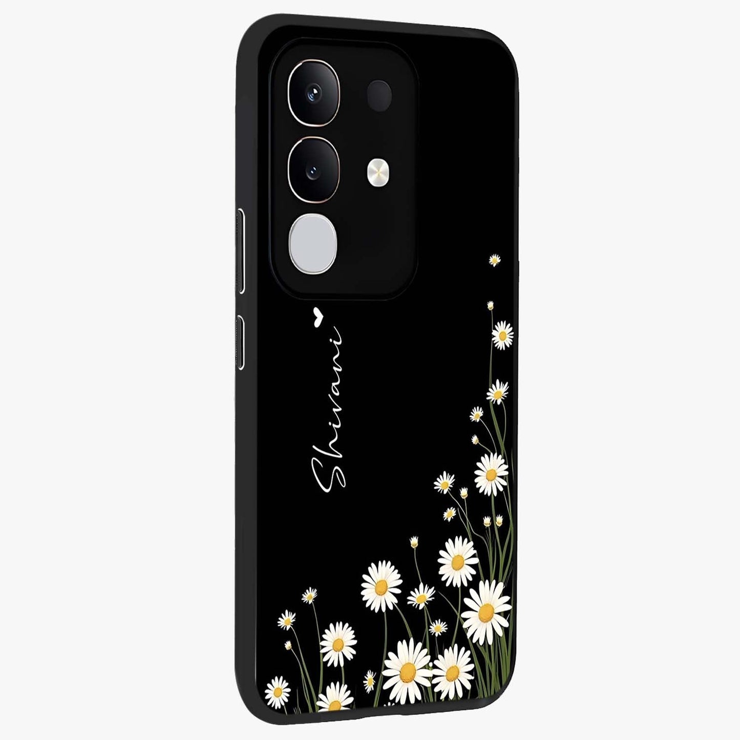 Daisy Cascade Custom Name Glass Case upright view showcasing elegant floral cascade design with personalized aesthetic.