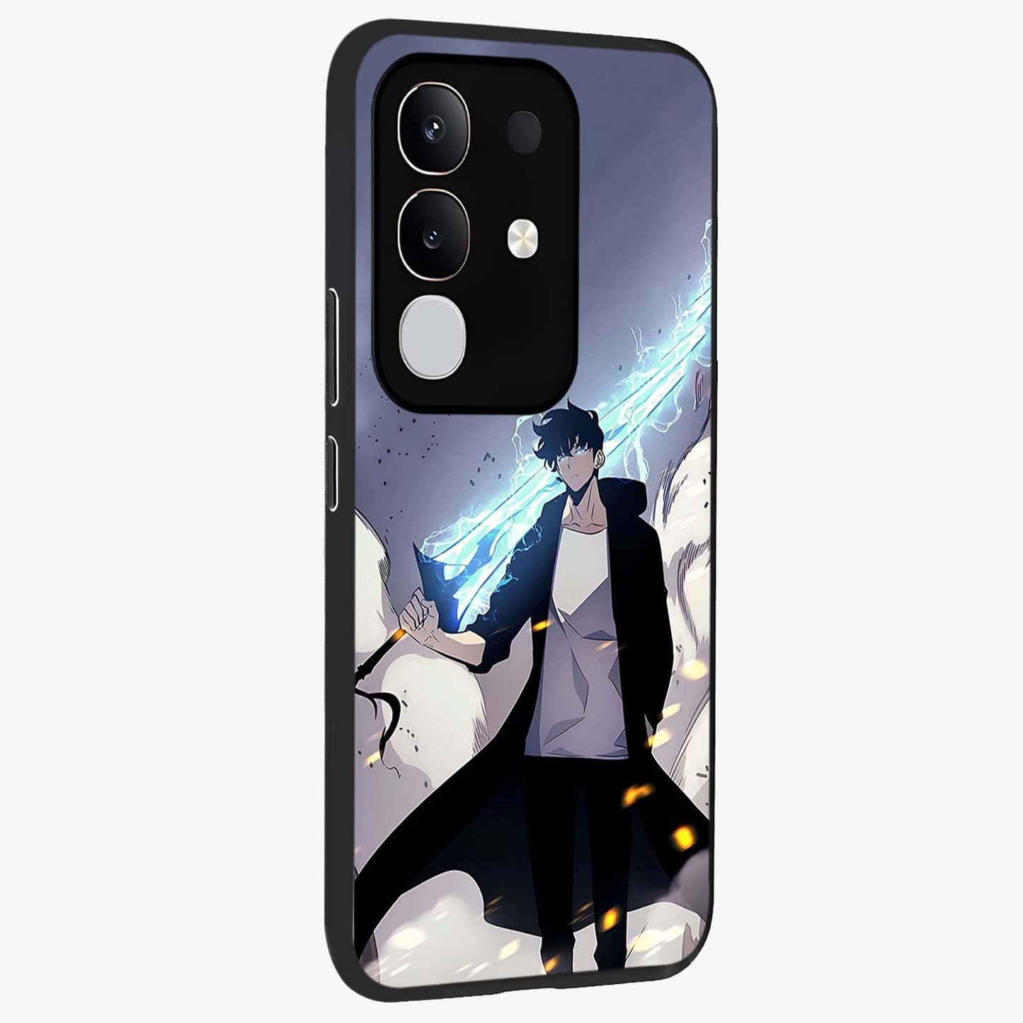 Dark Lightning Anime Warrior Glass Case upright view showcasing dramatic warrior artwork with dark lightning aesthetic.