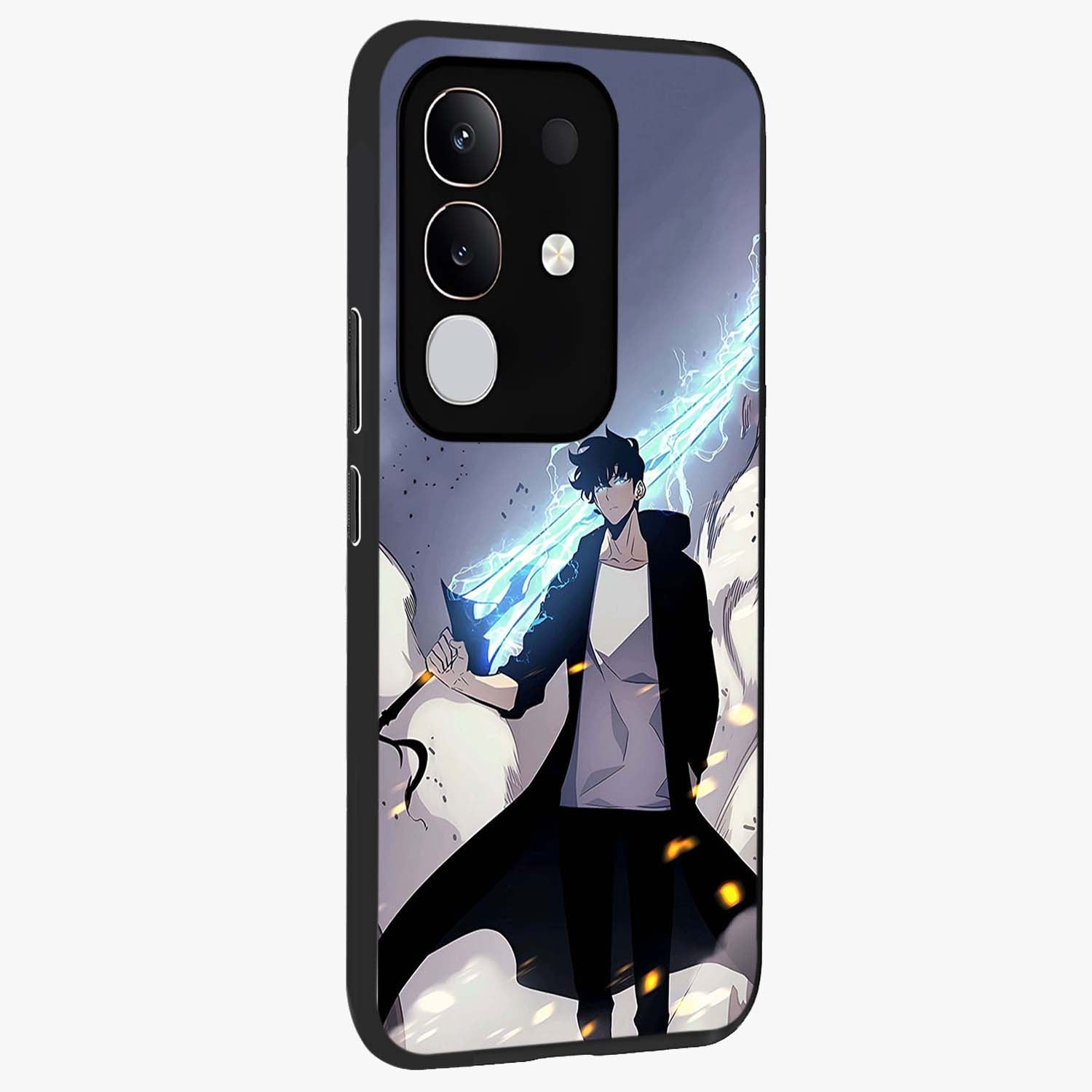 Dark Lightning Anime Warrior Glass Case upright view showcasing dramatic warrior artwork with dark lightning aesthetic.