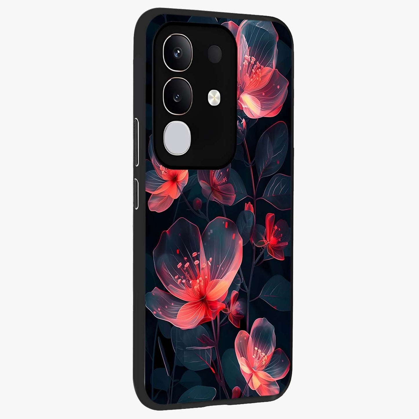 Dark Shade of Flower Glass Case upright view showcasing delicate flower artwork with rich dark floral theme.