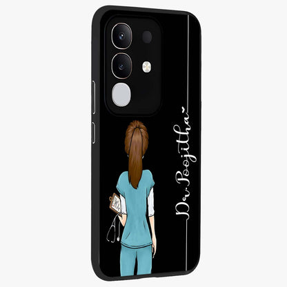 Doctor Pattern Custom Name Glass Case upright view showcasing healthcare themed design with personalized aesthetic.