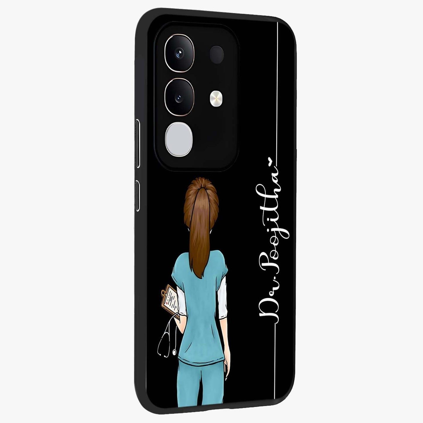 Doctor Pattern Custom Name Glass Case upright view showcasing healthcare themed design with personalized aesthetic.