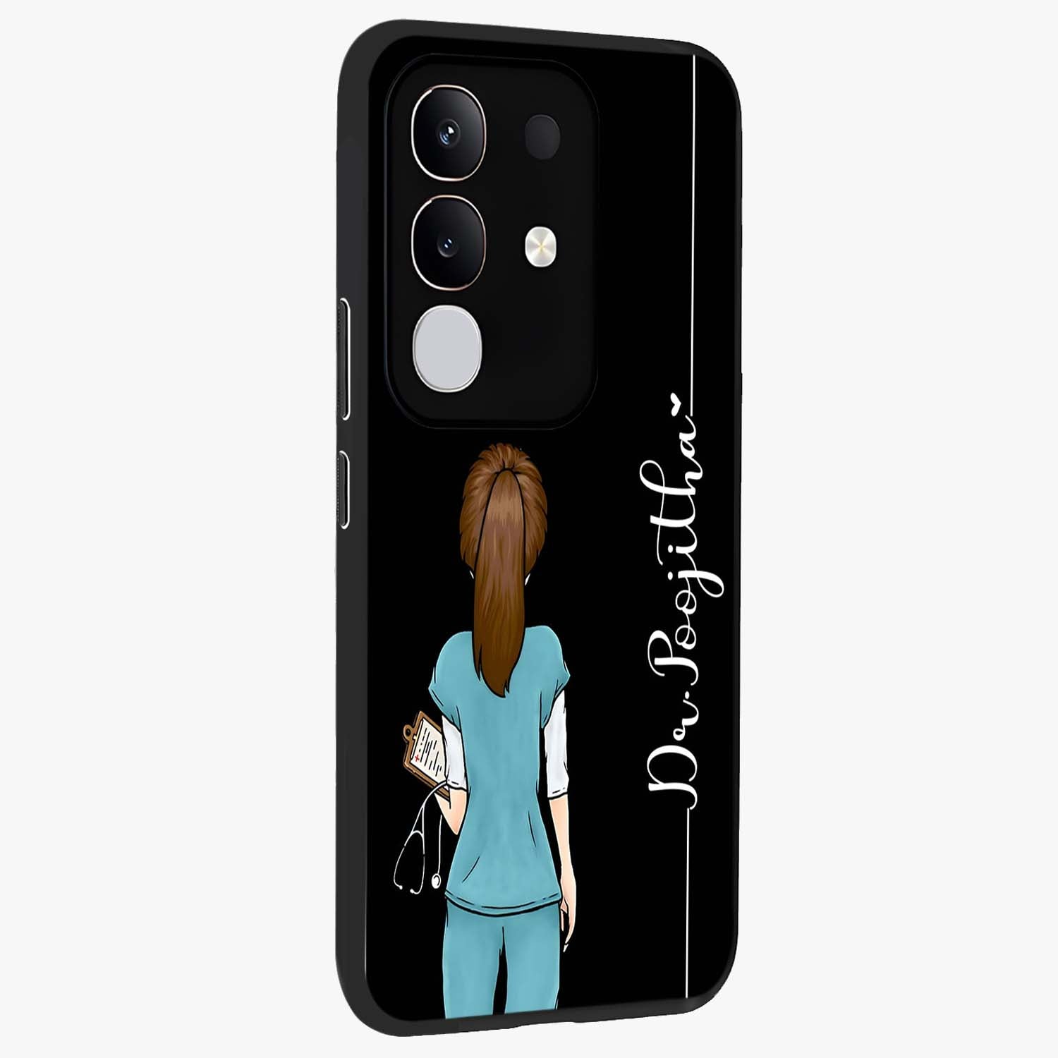 Doctor Pattern Custom Name Glass Case upright view showcasing healthcare themed design with personalized aesthetic.