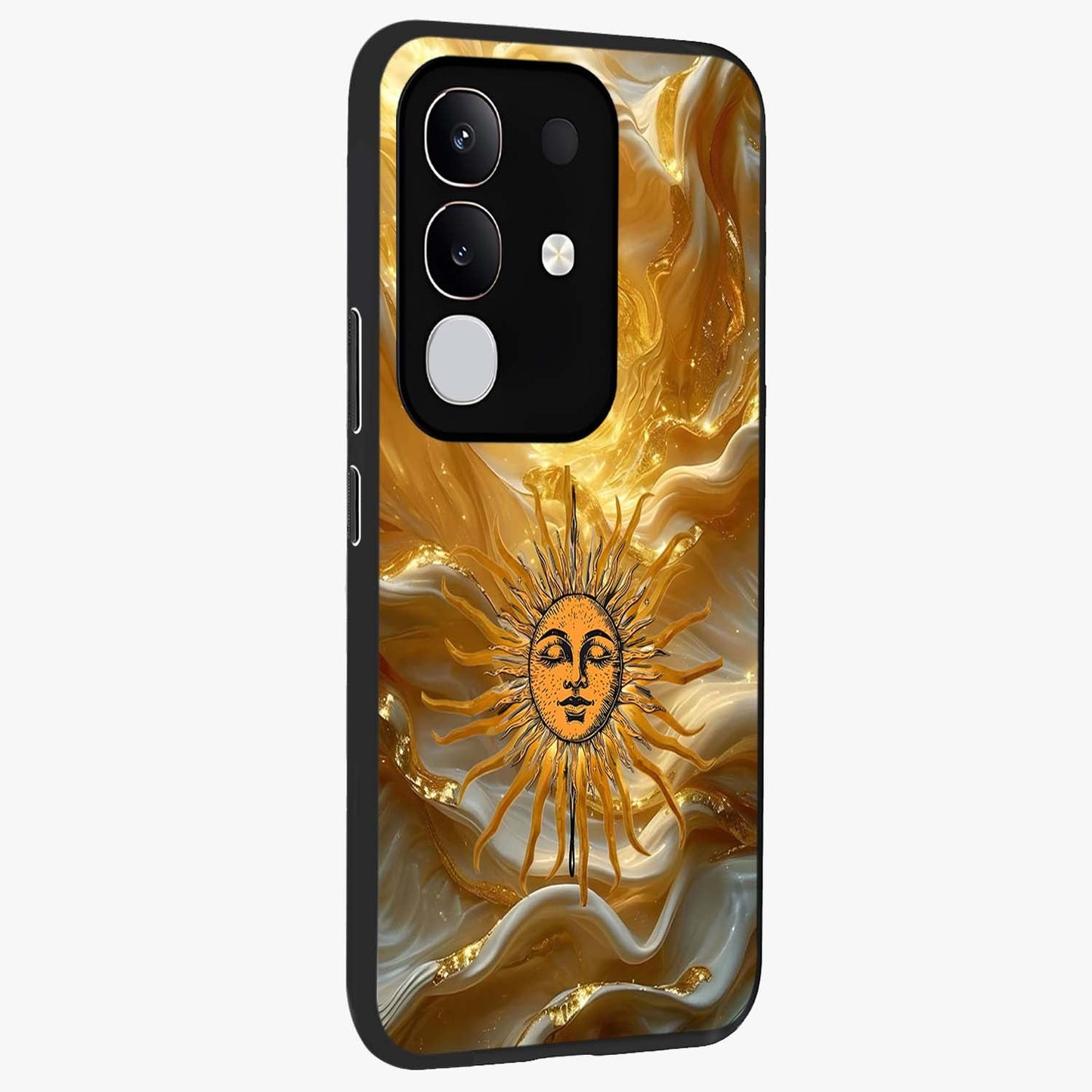 Eternal Golden Glow Glass Case upright view showcasing luminous golden artwork with luxurious visual theme.