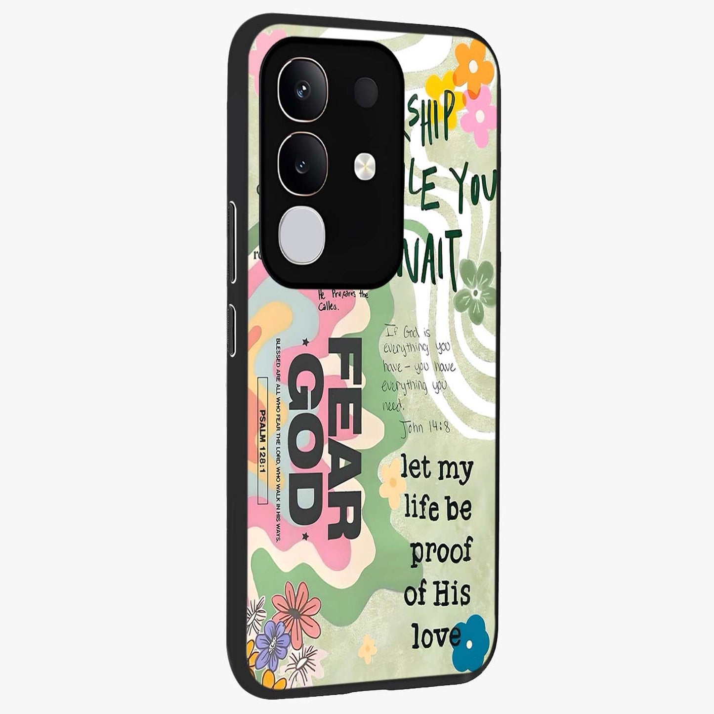 Faith Over Fear Glass Case upright view showcasing bold typography artwork with uplifting motivational theme.