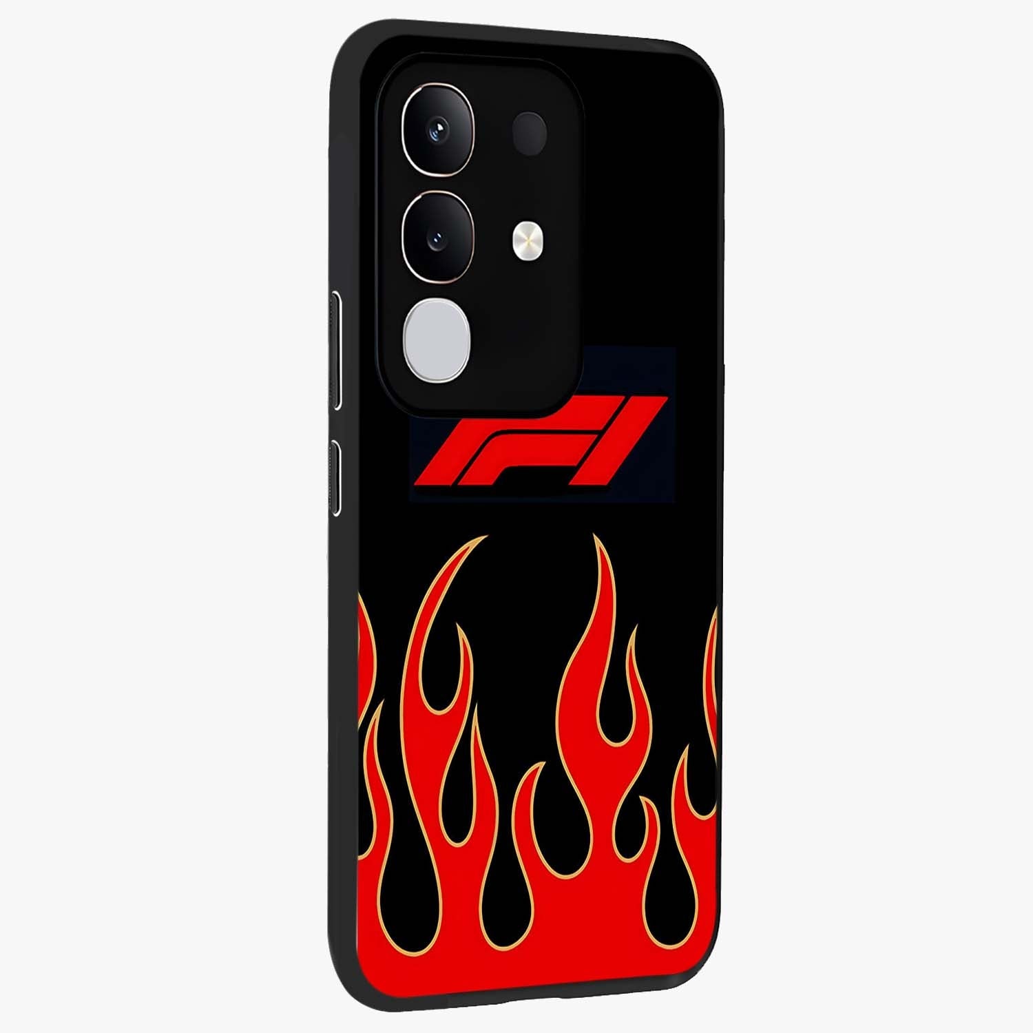 Fire F11 Glass Case upright view showcasing dynamic flame artwork with intense visual theme.