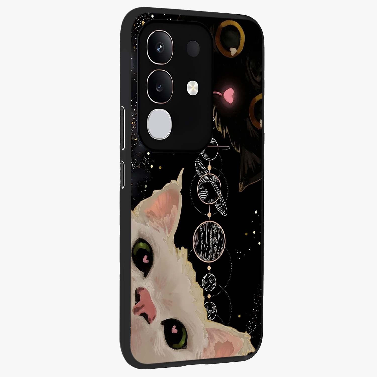 Galactic Cat Glass Case upright view showcasing mystical cat artwork with dreamy cosmic theme.