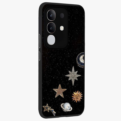 Galactic Charm Glow Glass Case upright view showcasing glowing cosmic charm artwork with magical celestial style.