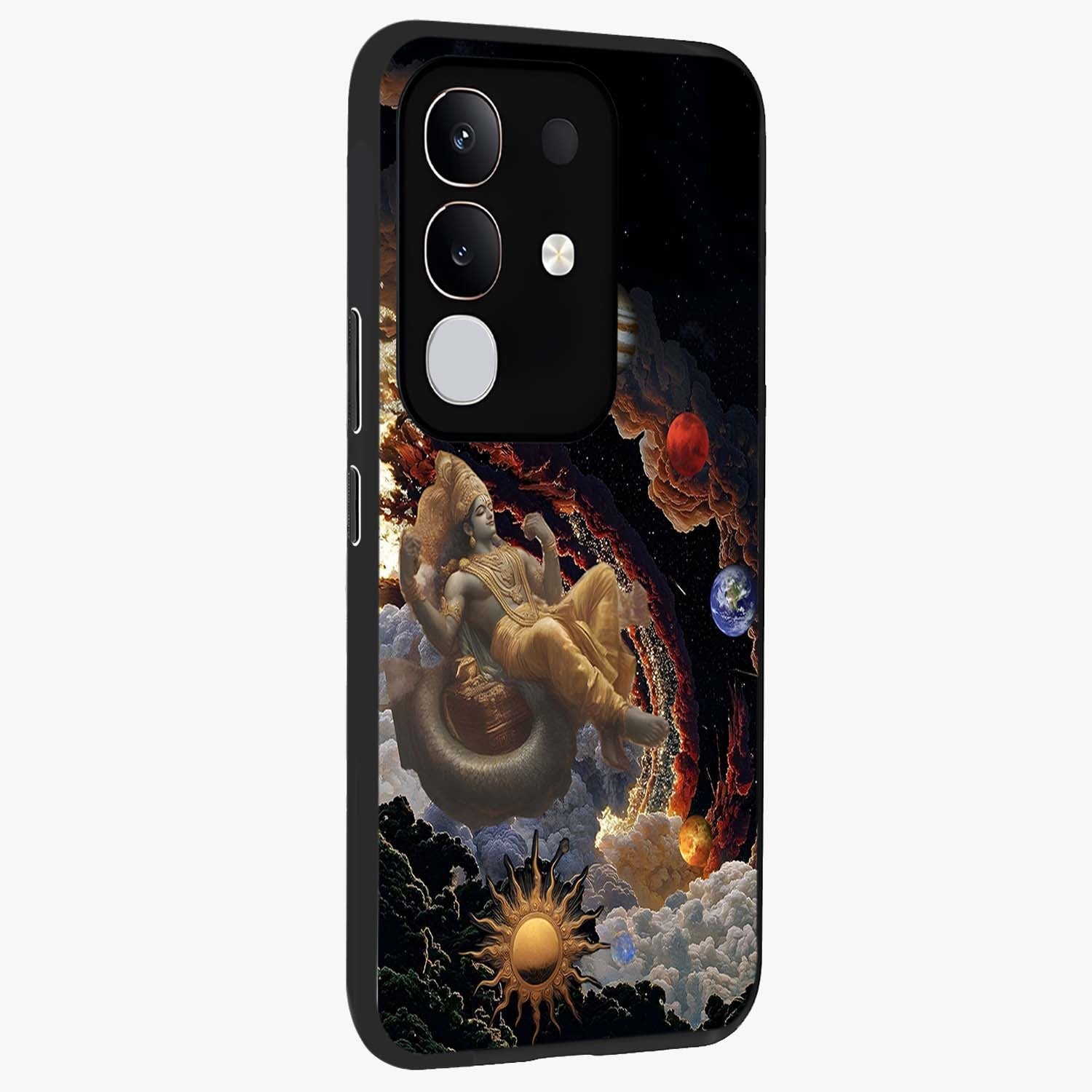 Galactic Divine God Glass Case upright view showcasing mystical divine artwork with dramatic cosmic theme.