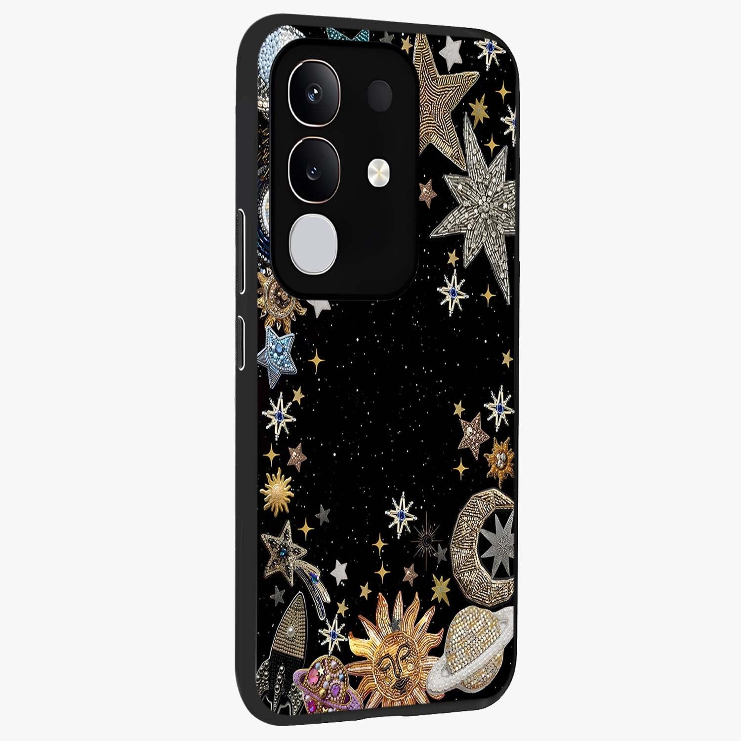 Galactic Jewel Stars Glass Case upright view showcasing glittering star jewel artwork with vibrant galaxy theme.