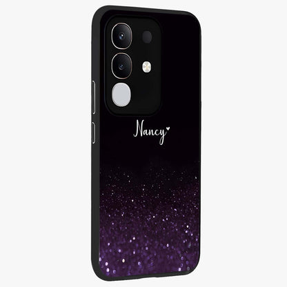 Glittery Purple Bokeh Custom Name Glass Case upright view showcasing vibrant purple sparkle artwork with personalized aesthetic style.